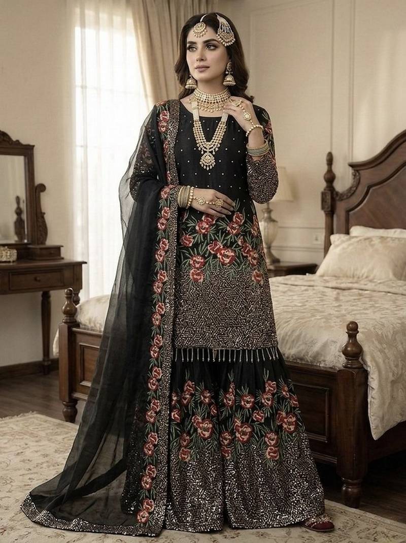 Black color bollywood style fendy silk fabric heavy sequins work sharara dress