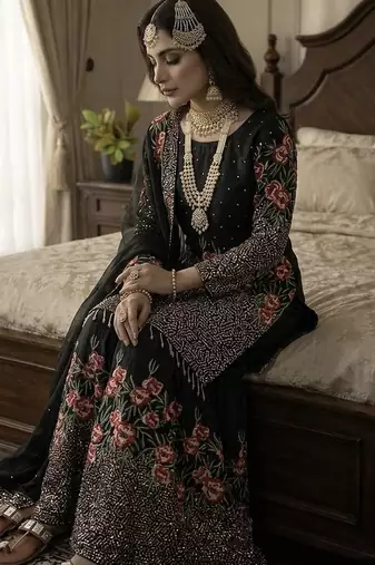 Black color bollywood style fendy silk heavy sequins sharara dress