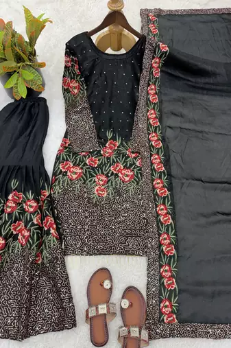 Black color bollywood style fendy silk heavy sequins sharara dress