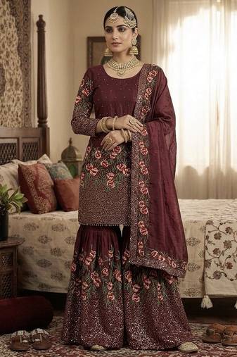 Maroon color bollywood style fendy silk fabric heavy sequins work sharara dress