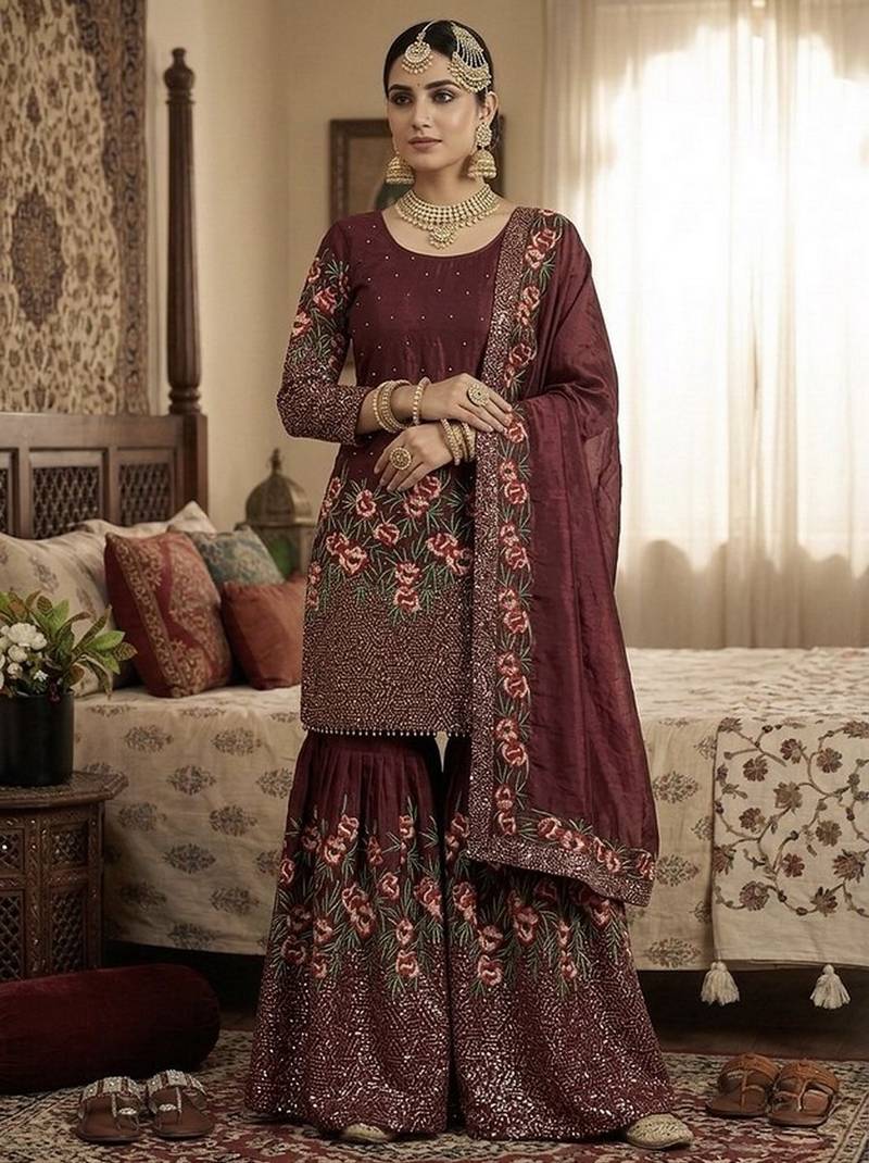 Maroon color bollywood style fendy silk fabric heavy sequins work sharara dress