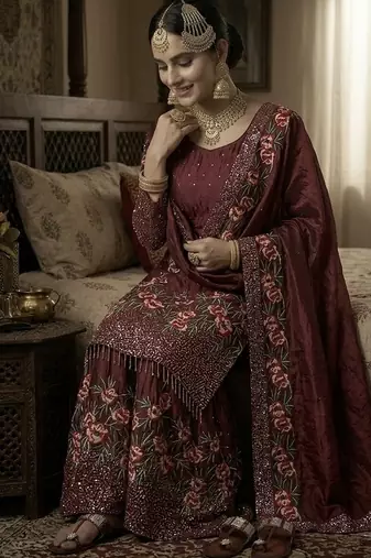 Maroon color bollywood style fendy silk heavy sequins sharara dress