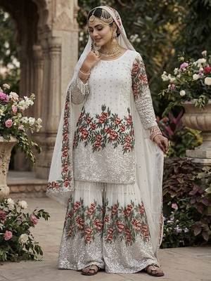 White color bollywood style fendy silk heavy sequins sharara dress 1
