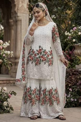 White color bollywood style fendy silk fabric heavy sequins work sharara dress