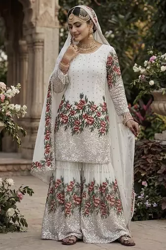 White color bollywood style fendy silk fabric heavy sequins work sharara dress
