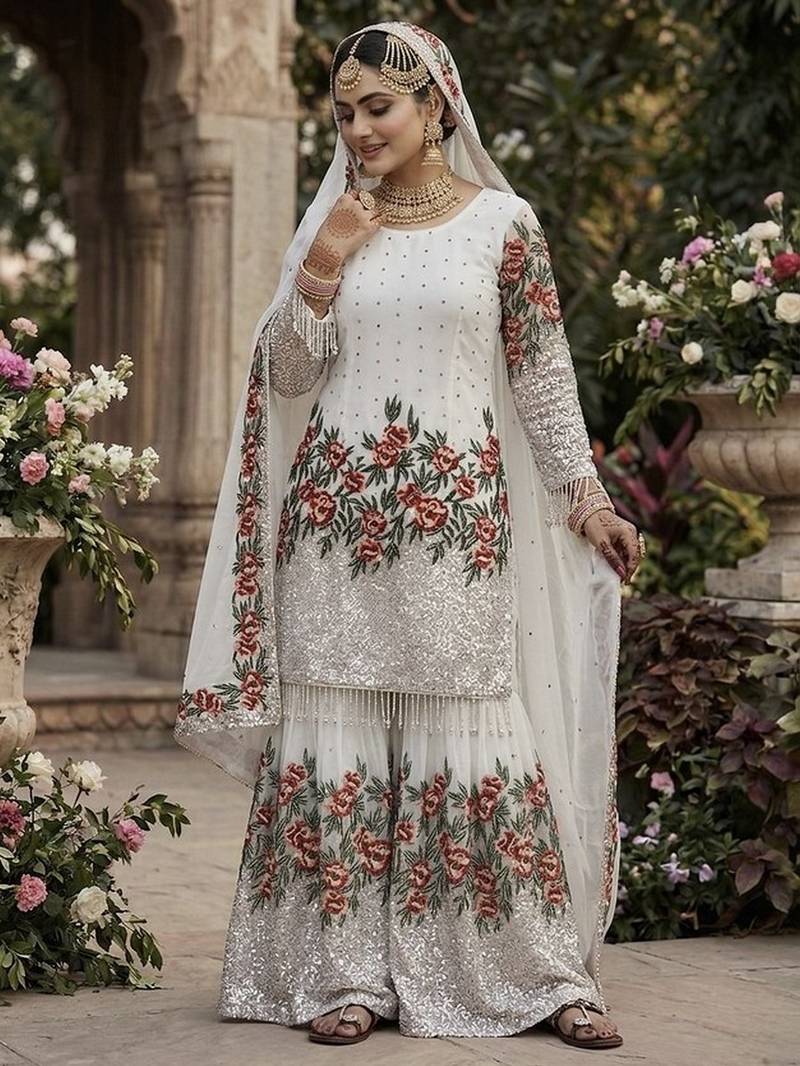White color bollywood style fendy silk fabric heavy sequins work sharara dress