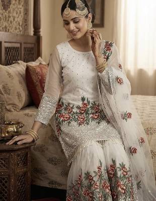 White color bollywood style fendy silk heavy sequins sharara dress 2