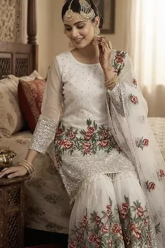 White color bollywood style fendy silk heavy sequins sharara dress