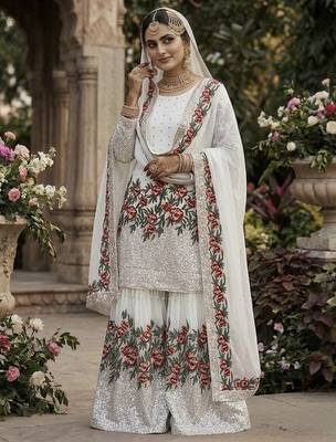 White color bollywood style fendy silk heavy sequins sharara dress 3