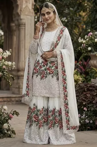 White color bollywood style fendy silk heavy sequins sharara dress