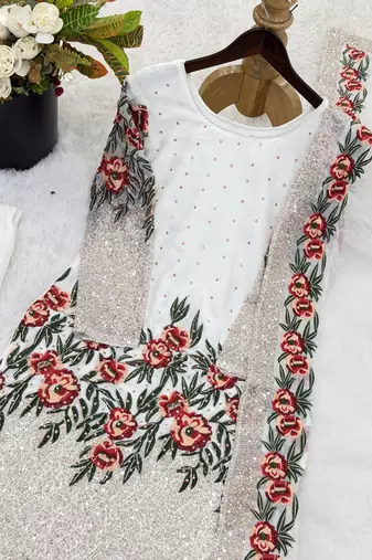 White color bollywood style fendy silk heavy sequins sharara dress