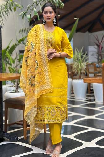 Yellow color silk blended graceful partywear readymade kurta set