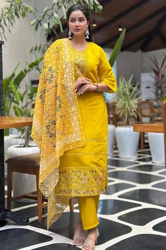 Yellow color silk blended graceful partywear readymade kurta set
