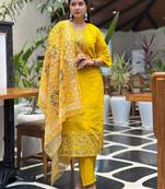 Yellow color silk blended graceful partywear readymade kurta set
