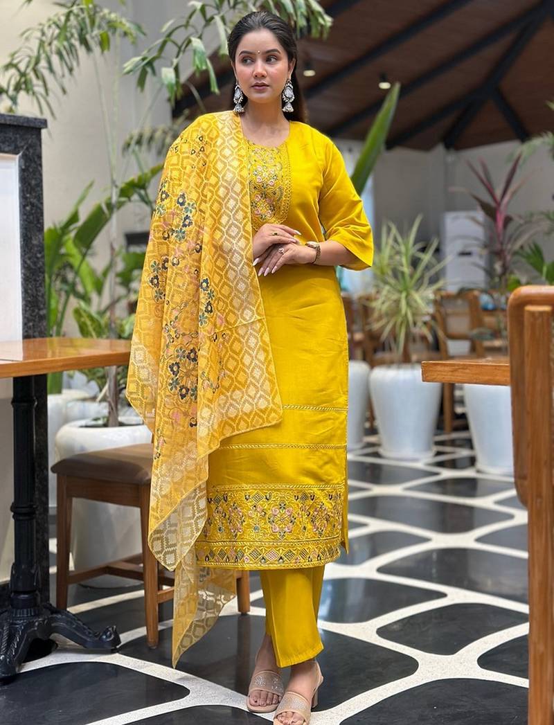 Yellow color silk blended graceful partywear readymade kurta set