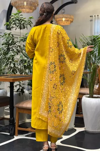 Yellow color silk blended graceful partywear readymade kurta set
