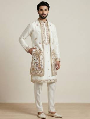 White doniyar shartin premium designer festive wear kurta pyjama with long jacket set 2