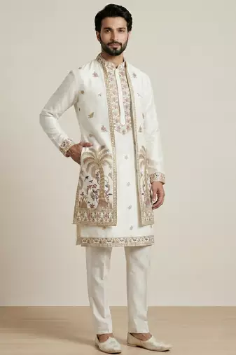 White doniyar shartin premium designer festive wear kurta pyjama with long jacket set