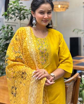Yellow color silk blended graceful partywear readymade kurta set 3
