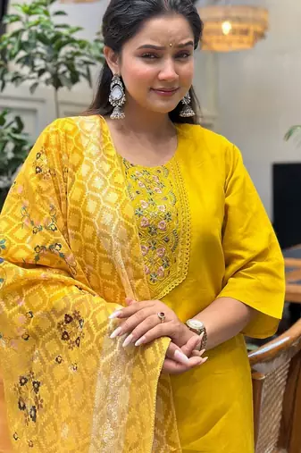 Yellow color silk blended graceful partywear readymade kurta set