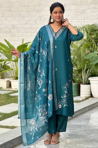 Teal blue color silk blended graceful partywear readymade kurta set