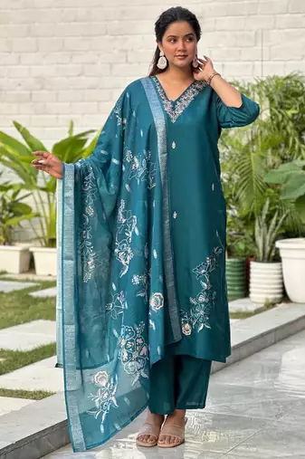 Teal blue color silk blended graceful partywear readymade kurta set