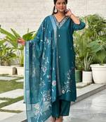Teal blue color silk blended graceful partywear readymade kurta set