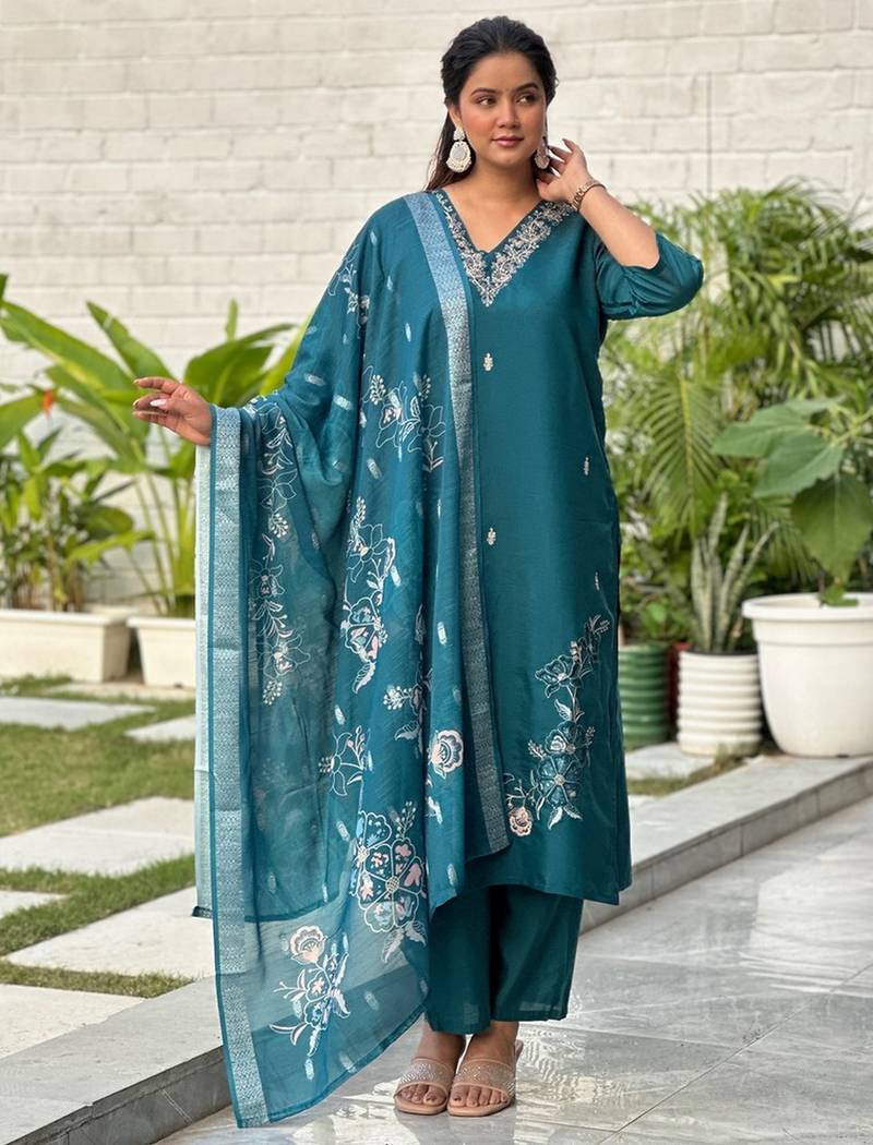 Teal blue color silk blended graceful partywear readymade kurta set