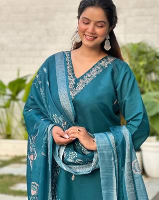 Teal blue color silk blended graceful partywear readymade kurta set 3