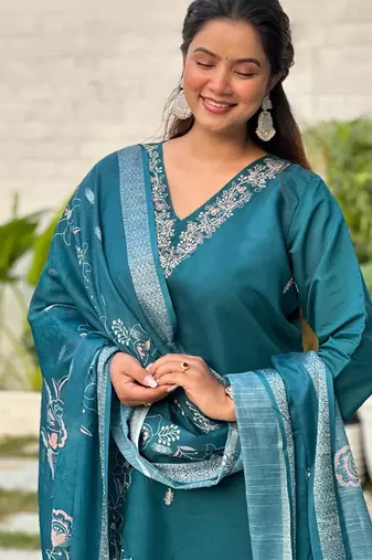 Teal blue color silk blended graceful partywear readymade kurta set