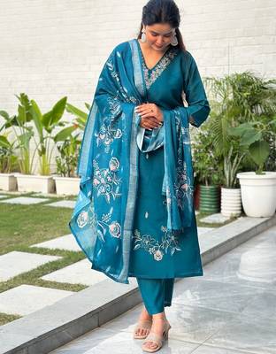 Teal blue color silk blended graceful partywear readymade kurta set 4