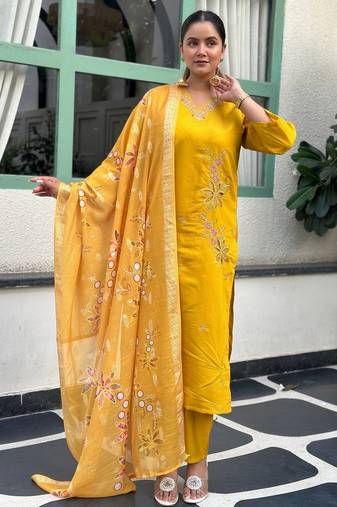 Yellow color silk blended graceful partywear readymade kurta set
