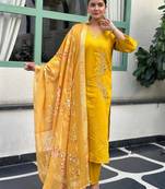 Yellow color silk blended graceful partywear readymade kurta set