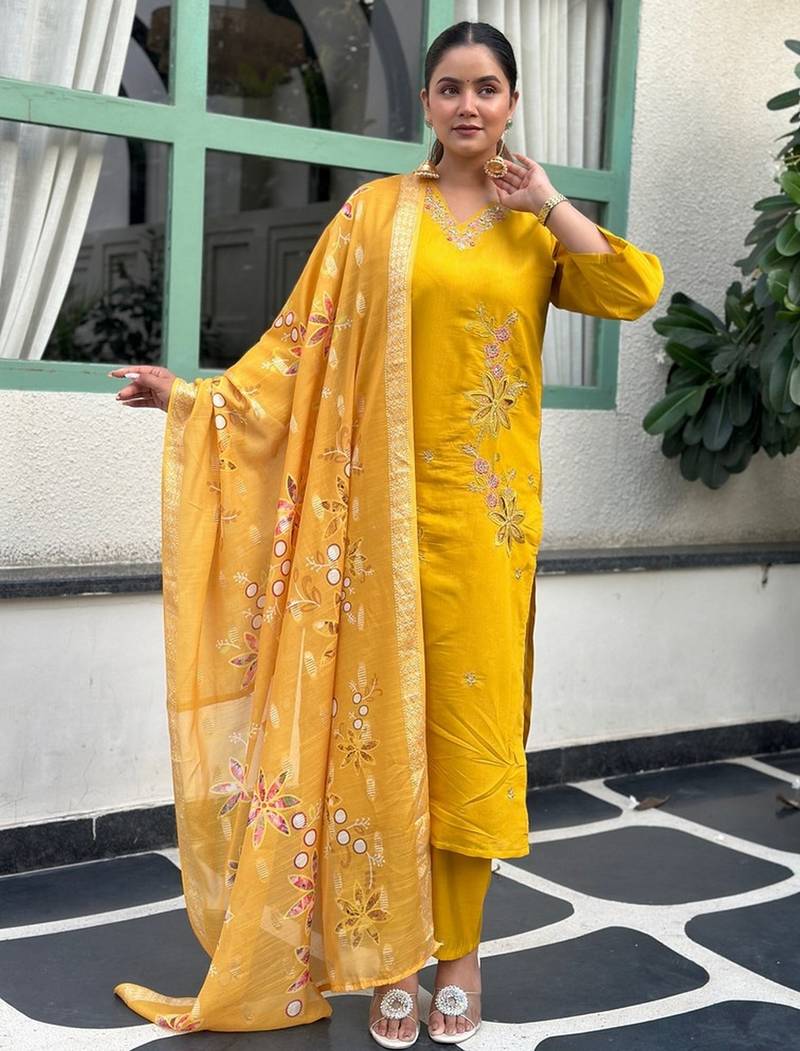 Yellow color silk blended graceful partywear readymade kurta set