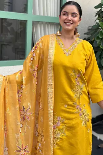 Yellow color silk blended graceful partywear readymade kurta set