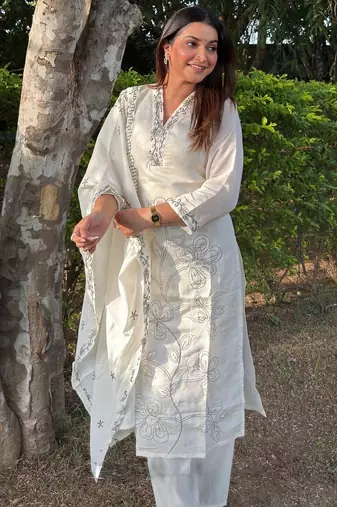 White color silk blended graceful partywear readymade kurta set
