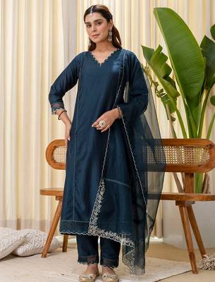 Teal blue color silk blended graceful partywear readymade kurta set 1