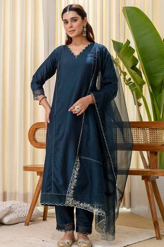 Teal blue color silk blended graceful partywear readymade kurta set