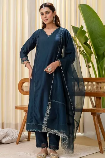 Teal blue color silk blended graceful partywear readymade kurta set