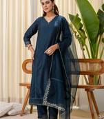 Teal blue color silk blended graceful partywear readymade kurta set