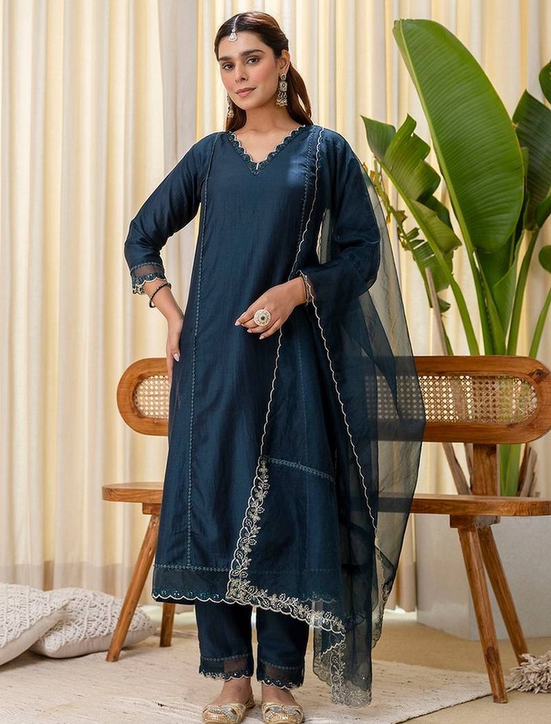 Teal blue color silk blended graceful partywear readymade kurta set