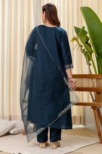 Teal blue color silk blended graceful partywear readymade kurta set