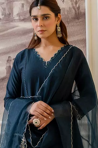 Teal blue color silk blended graceful partywear readymade kurta set