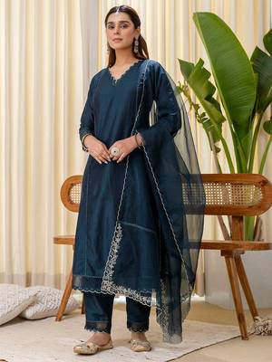 Teal blue color silk blended graceful partywear readymade kurta set 4