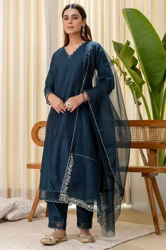 Teal blue color silk blended graceful partywear readymade kurta set