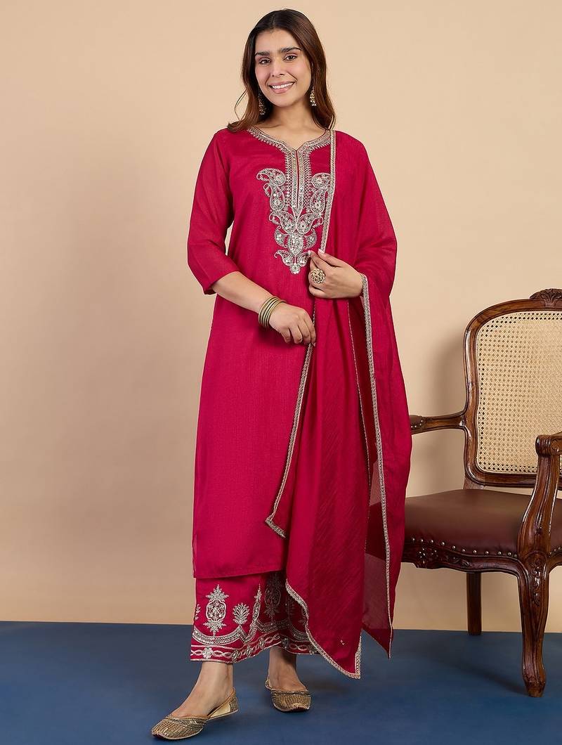 Pink color silk blended graceful partywear readymade kurta set