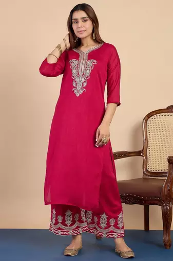 Pink color silk blended graceful partywear readymade kurta set