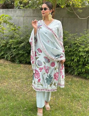 Sky blue color silk blended graceful partywear readymade kurta set 1