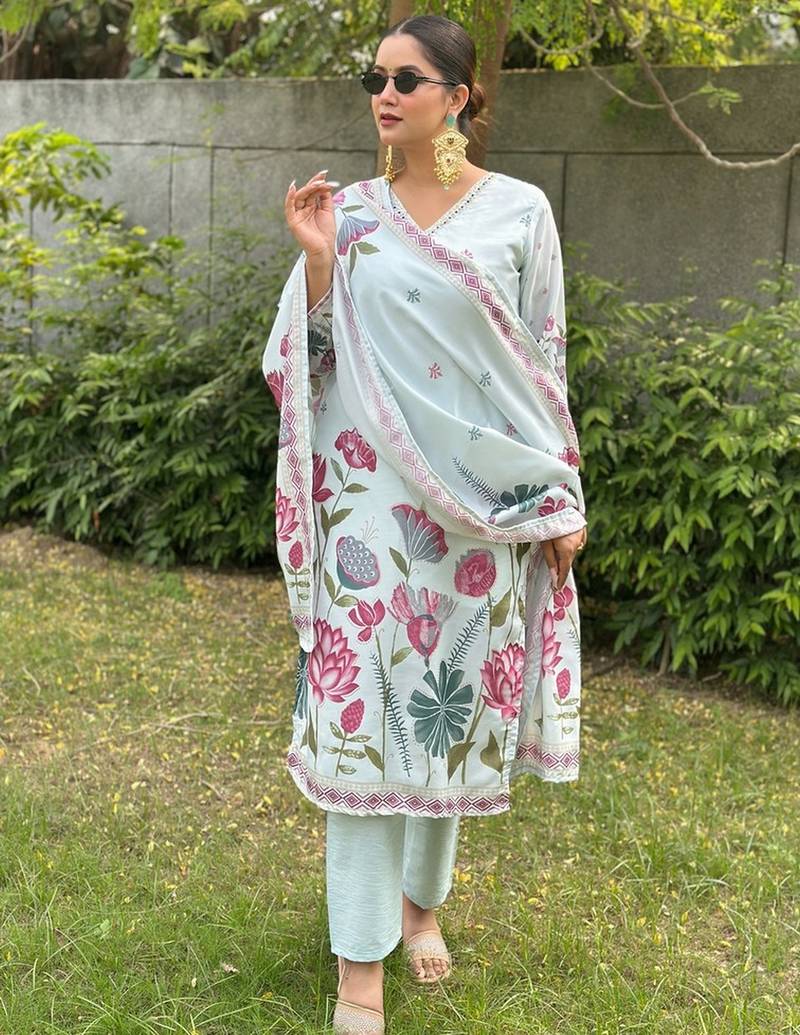 Sky blue color silk blended graceful partywear readymade kurta set
