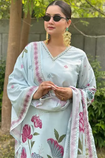 Sky blue color silk blended graceful partywear readymade kurta set